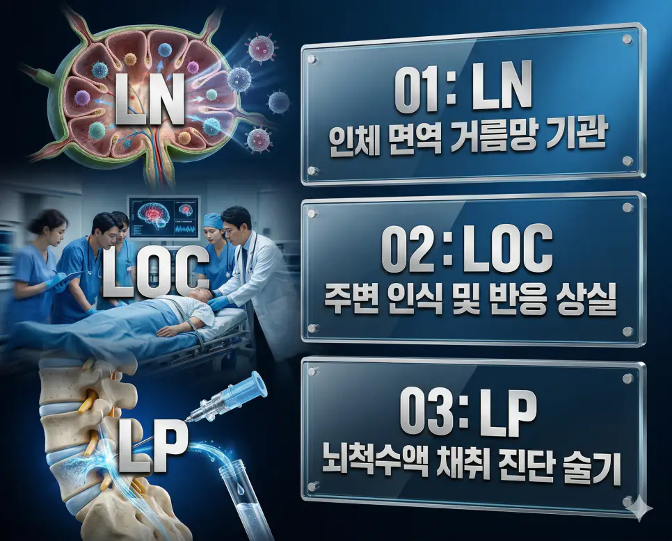 의학용어 LN, LOC, LP의 정의와 면역 거름망 기관, 의식 인식 상실 상태, 뇌척수액 채취 술기의 핵심 특징을 영화 포스터 스타일로 정리한 프리미엄 인포그래픽