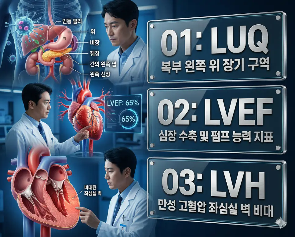 의학용어 LUQ, LVEF, LVH의 정의와 복부 왼쪽 위 장기 구역, 심장 박출 효율 지표, 좌심실 근육 비대의 핵심 특징을 영화 포스터 스타일로 정리한 프리미엄 인포그래픽