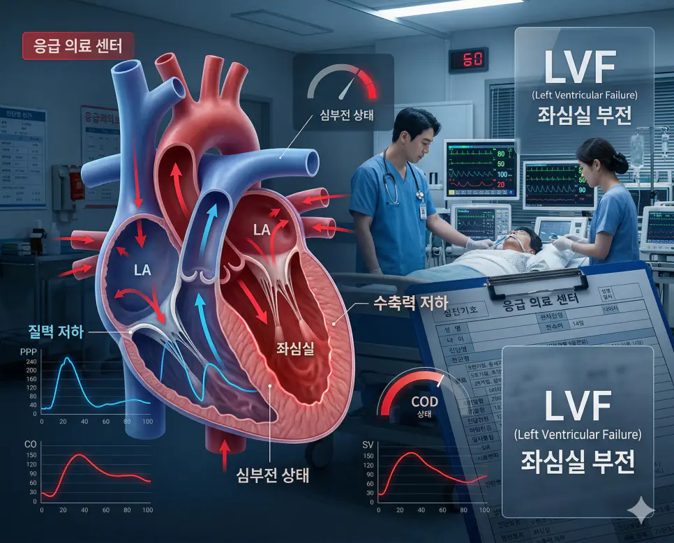 의학용어 LVF(좌심실 부전) 기전을 통해 심장의 주 펌프 역할을 하는 좌심실의 수축력이 떨어져 전신 혈류가 부족해진 병태생리 상태를 한국인 환자의 데이터와 함께 시각화한 이미지