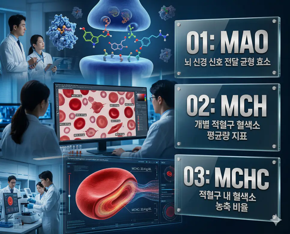 의학용어 MAO, MCH, MCHC의 정의와 뇌 신경 신호 전달 균형 조절 효소, 개별 적혈구 평균 혈색소량, 적혈구 내 혈색소 농축 비율의 핵심 특징을 영화 포스터 스타일로 정리한 프리미엄 인포그래픽