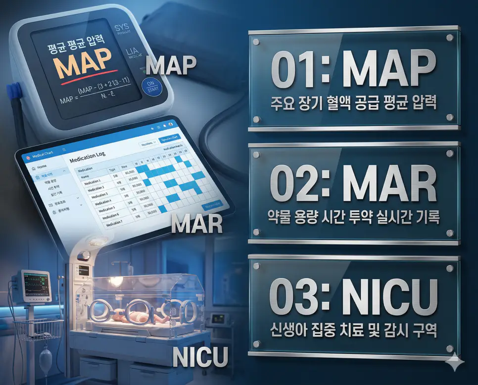 의학용어 MAP, MAR, NICU의 정의와 주요 장기 혈액 공급 평균 압력, 약물 용량 시간 투약 실시간 기록, 신생아 집중 치료 및 감시 구역의 핵심 특징을 영화 포스터 스타일로 정리한 프리미엄 인포그래픽
