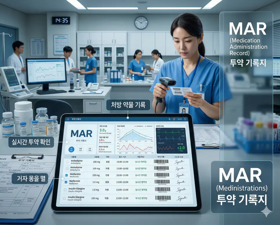 의학용어 MAR(투약 기록지) 기전을 통해 한국인 환자에게 처방된 약물의 종류, 용량, 투여 경로, 시간을 디지털 방식으로 실시간 기록하고 실제 투약 여부를 확인하는 공인 문서 시스템 시각화 이미지
