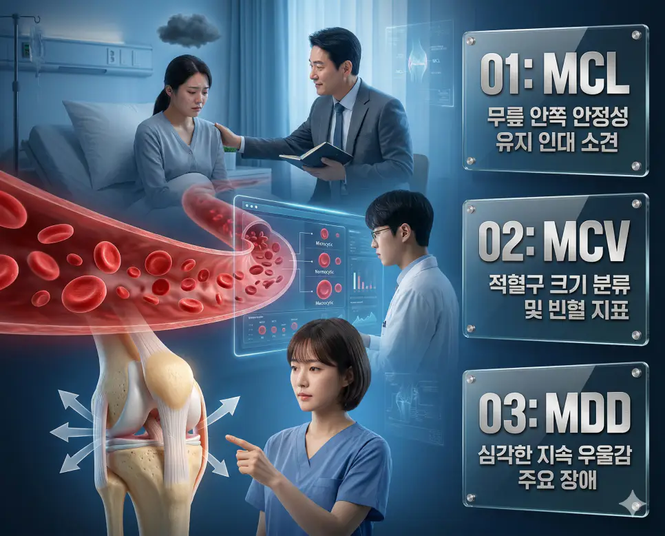 의학용어 MCL, MCV, MDD의 정의와 무측 측부 인대 안정성, 평균 적혈구 크기 빈혈 지표, 주요 우울 장애의 핵심 특징을 영화 포스터 스타일로 정리한 프리미엄 인포그래픽