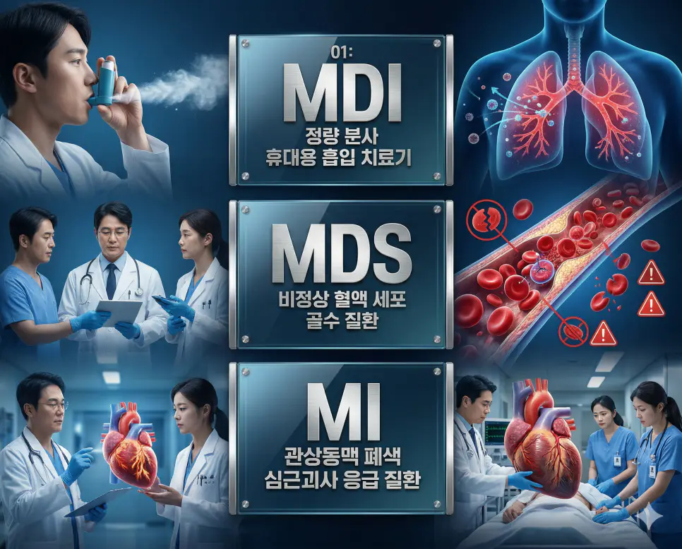 의학용어 MDI, MDS, MI 완벽 가이드 4 의학용어 MDI, MDS, MI의 정의와 정량 분사 휴대용 흡입기, 비정상 혈액 세포 생성 질환, 심근 괴사 응급 질환의 핵심 특징을 영화 포스터 스타일로 정리한 프리미엄 인포그래픽