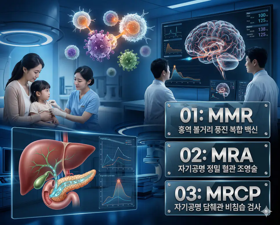 의학용어 MMR, MRA, MRCP의 정의와 홍역 볼거리 풍진 복합 백신, 자기공명 혈관 조영술, 자기공명 담췌관 비침습 검사의 핵심 특징을 영화 포스터 스타일로 정리한 프리미엄 인포그래픽