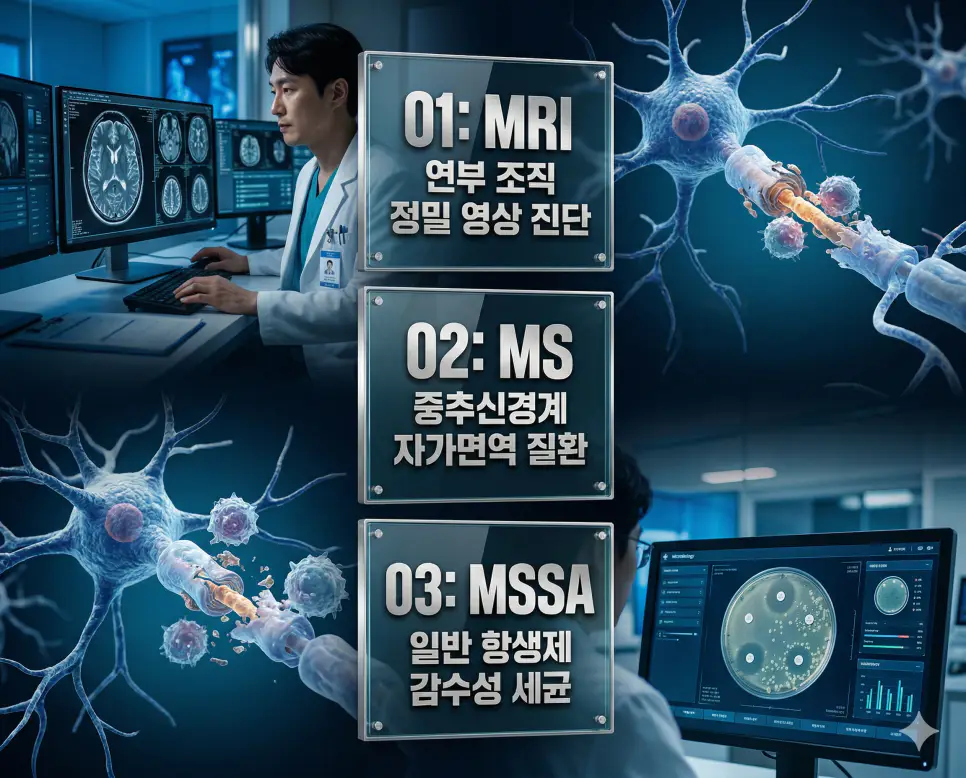 의학용어 MRI, MS, MSSA 완벽 가이드 4 의학용어 MRI, MS, MSSA의 정의와 연부 조직 정밀 영상 진단, 중추신경계 자가면역 질환, 일반 항생제 감수성 세균의 핵심 특징을 영화 포스터 스타일로 정리한 프리미엄 인포그래픽