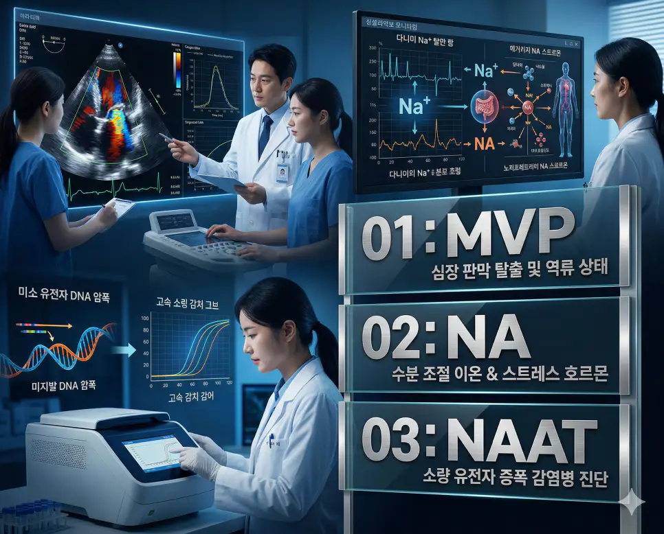 의학용어 MVP, NA, NAAT 완벽 가이드 4 의학용어 MVP, NA, NAAT의 정의와 심장 판막 탈출 및 역류 상태, 수분 조절 이온 및 스트레스 호르몬, 소량 유전자 증폭 감염병 진단의 핵심 특징을 영화 포스터 스타일로 정리한 프리미엄 인포그래픽