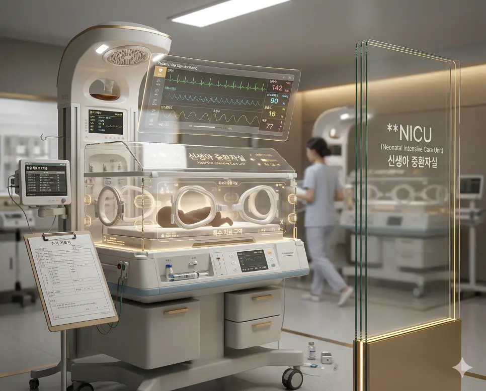 의학용어 NICU(신생아 중환자실) 기전을 통해 한국인 미숙아나 선천성 질환 아기가 보육기 안에서 집중적인 치료와 감시를 받으며 건강을 회복하는 특수 치료 구역을 시각화한 이미지