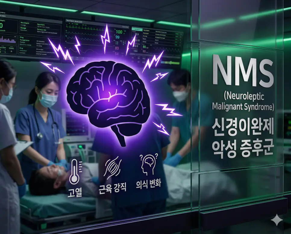 의학용어 NMS(신경이완제 악성 증후군)로 인해 항정신병 약물 사용 후 고열, 근육 강직, 의식 변화 등이 발생하여 중추신경계 신경 신호가 감소하고 치명적인 응급 상황을 시각화한 이미지