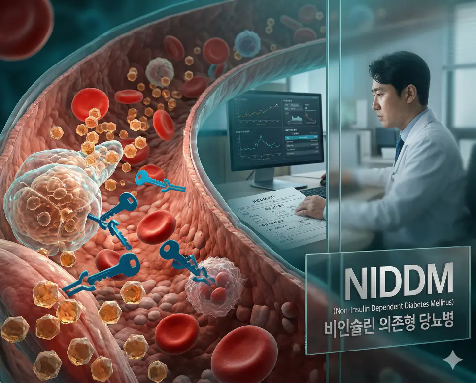의학용어 NIDDM(비인슐린 의존형 당뇨병)으로 인해 췌장 베타세포에서 인슐린을 분비하지만, 근육 및 지방세포 수용체와의 인슐린 저항성으로 인해 혈당 조절에 실패하는 병태생리 기전 시각화 이미지