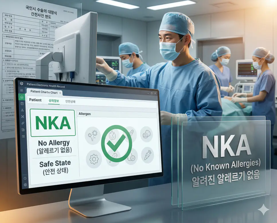 의학용어 NKA(알려진 알레르기 없음) 상태를 파악하기 위해 병원에서 의사가 환자의 차트를 확인하고 약물, 음식, 환경 요인에 대한 알레르기 반응이 없는 안전한 상태를 기록하는 이미지