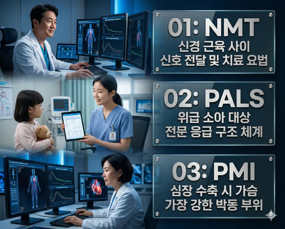 의학용어 NMT, PALS, PMI 뜻 완벽 정리 4 의학용어 NMT, PALS, PMI의 정의와 신경 근육 사이 신호 전달 및 치료 요법, 위급 소아 대상 전문 응급 구조 체계, 심장 수축 시 가슴 가장 강한 박동 부위의 핵심 특징을 영화 포스터 스타일로 정리한 프리미엄 인포그래픽