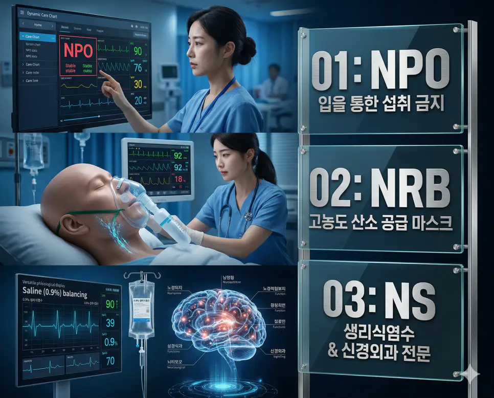 의학용어 NPO, NRB, NS의 정의와 입을 통한 섭취 금지, 고농도 산소 공급 마스크, 생리식염수 & 신경외과 전문의 핵심 특징을 영화 포스터 스타일로 정리한 프리미엄 인포그래픽