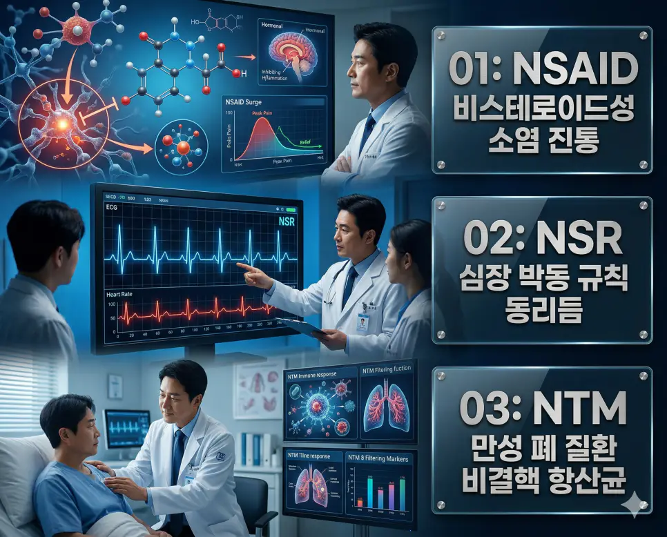 의학용어 NSAID, NSR, NTM 완벽 가이드 4 의학용어 NSAID, NSR, NTM의 정의와 비스테로이드성 소염 진통 기전, 심장 규칙 동리듬 상태, 만성 폐 질환 비결핵 항산균의 핵심 특징을 영화 포스터 스타일로 정리한 프리미엄 인포그래픽