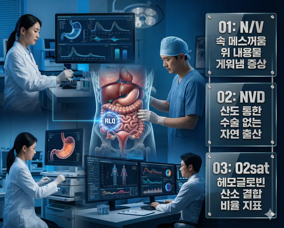 의학용어 N/V, NVD, O2sat 뜻 완벽 정리 4 의학용어 N/V, NVD, O2sat의 정의와 속 메스꺼움 위 내용물 게워냄 증상, 산도 통한 수술 없는 자연 출산, 헤모글로빈 산소 결합 비율 지표의 핵심 특징을 영화 포스터 스타일로 정리한 프리미엄 인포그래픽