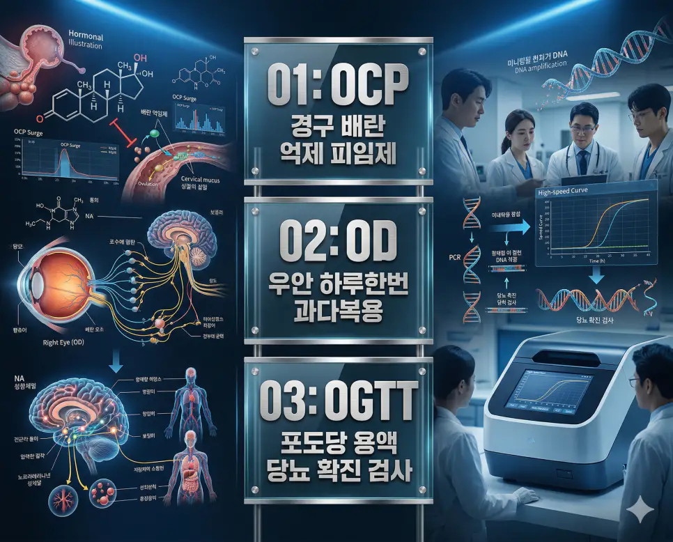 의학용어 OCP, OD, OGTT 완벽 가이드 4 의학용어 OCP, OD, OGTT의 정의와 경구 배란 억제 피임제, 우안 하루한번 과다복용, 포도당 용액 당뇨 확진 검사의 핵심 특징을 영화 포스터 스타일로 정리한 프리미엄 인포그래픽