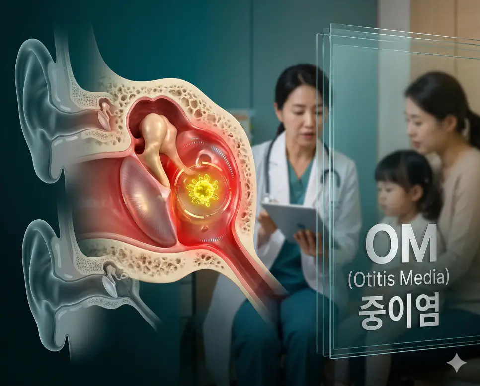 의학용어 OM(중이염)으로 인해 고막 안쪽 공간인 중이에 세균이나 바이러스가 침투하여 염증이 발생하고 고막이 붉게 부어오르는 병태생리 기전 시각화 이미지