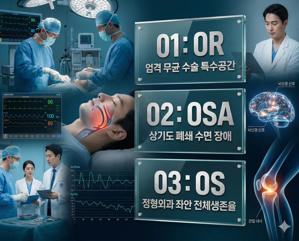 의학용어 OR, OSA, OS의 정의와 엄격 무균 수술 특수 공간, 상기도 폐쇄 수면 장애, 정형외과 좌안 전체생존율의 핵심 특징을 영화 포스터 스타일로 정리한 프리미엄 인포그래픽