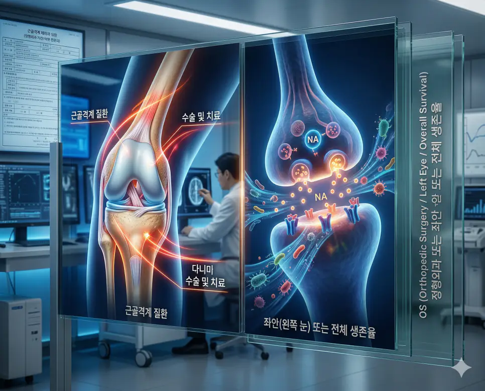 의학용어 OS(정형외과 또는 좌안 또는 전체 생존율)가 근골격계 질환을 치료하는 정형외과적 무릎 관절 치료 기전(왼쪽)과 좌안(오른쪽 눈) 또는 생존율 지표로 작용하는 기전(오른쪽)을 동시에 보여주는 병태생리 이미지