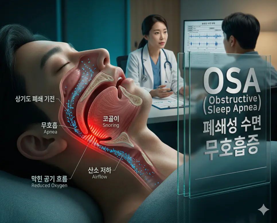 의학용어 OSA(폐쇄성 수면 무호흡증)로 인해 수면 중 혀 근육과 부드러운 입천장 조직이 이완되어 상기도를 반복적으로 완전히 막고 호흡이 멈추는 병태생리 기전 시각화 이미지
