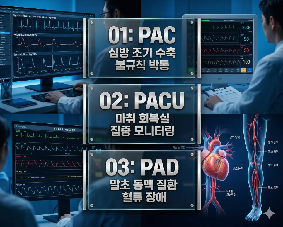 의학용어 PAC, PACU, PAD의 정의와 심방 조기 수축 불규칙 박동, 마취 회복실 집중 모니터링, 말초 동맥 질환 혈류 장애의 핵심 특징을 영화 포스터 스타일로 정리한 프리미엄 인포그래픽