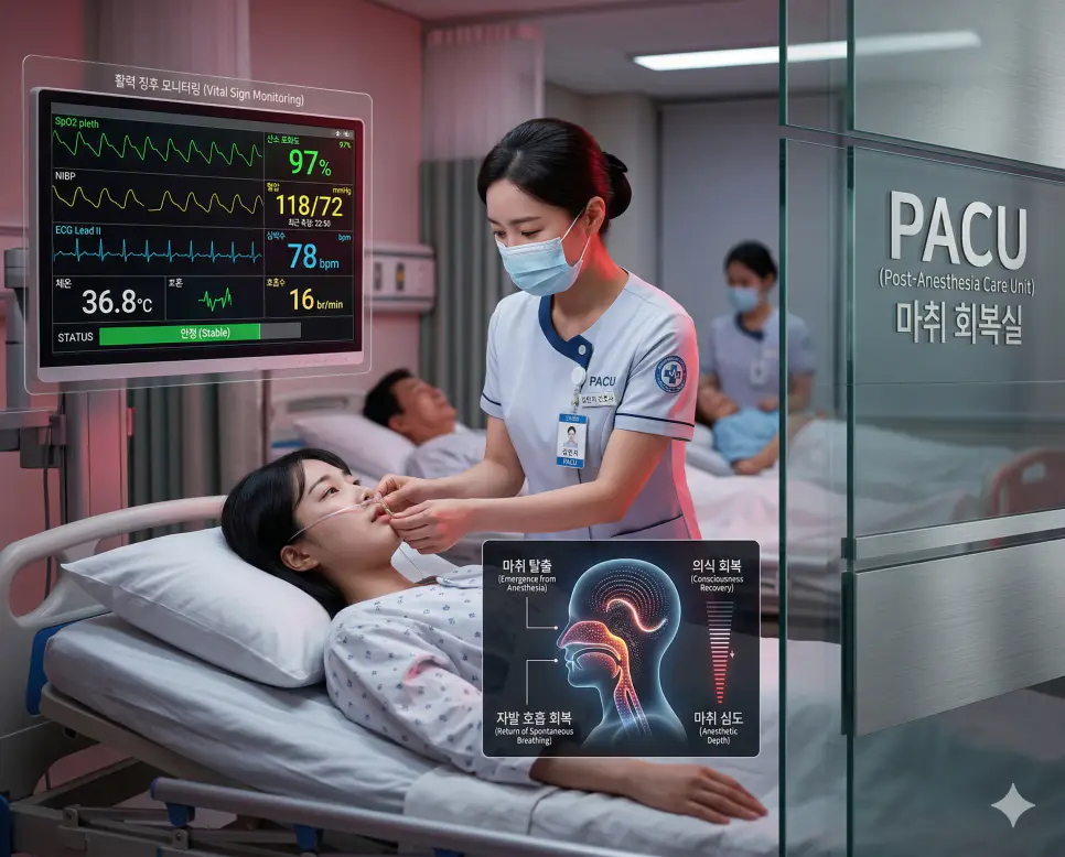 의학용어 PACU(마취 회복실)에서 수술 직후 한국인 환자가 마취에서 안전하게 깨어나는 동안 활력 징후 모니터링 장비를 통해 SpO2, 혈압, 심박수 데이터를 집중 관리하는 이미지