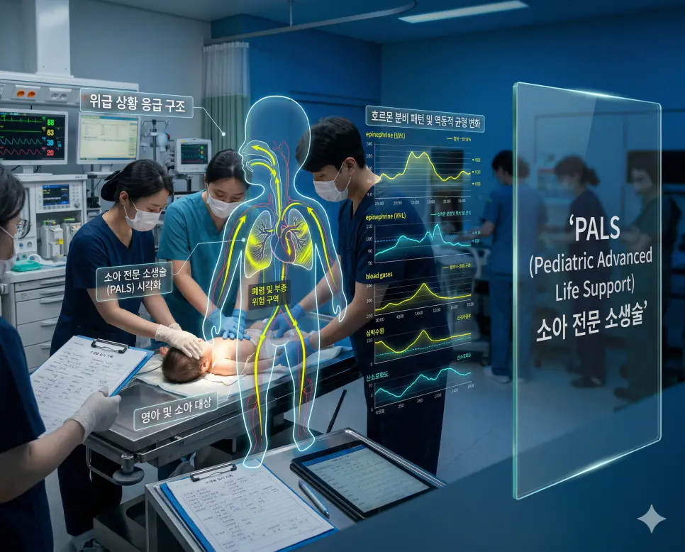 의학용어 NMT, PALS, PMI 뜻 완벽 정리 2 의학용어 PALS(소아 전문 소생술) 기전을 통해 영아 및 소아 환자 대상의 전문 응급 구조 체계를 시각화한 병태생리 이미지