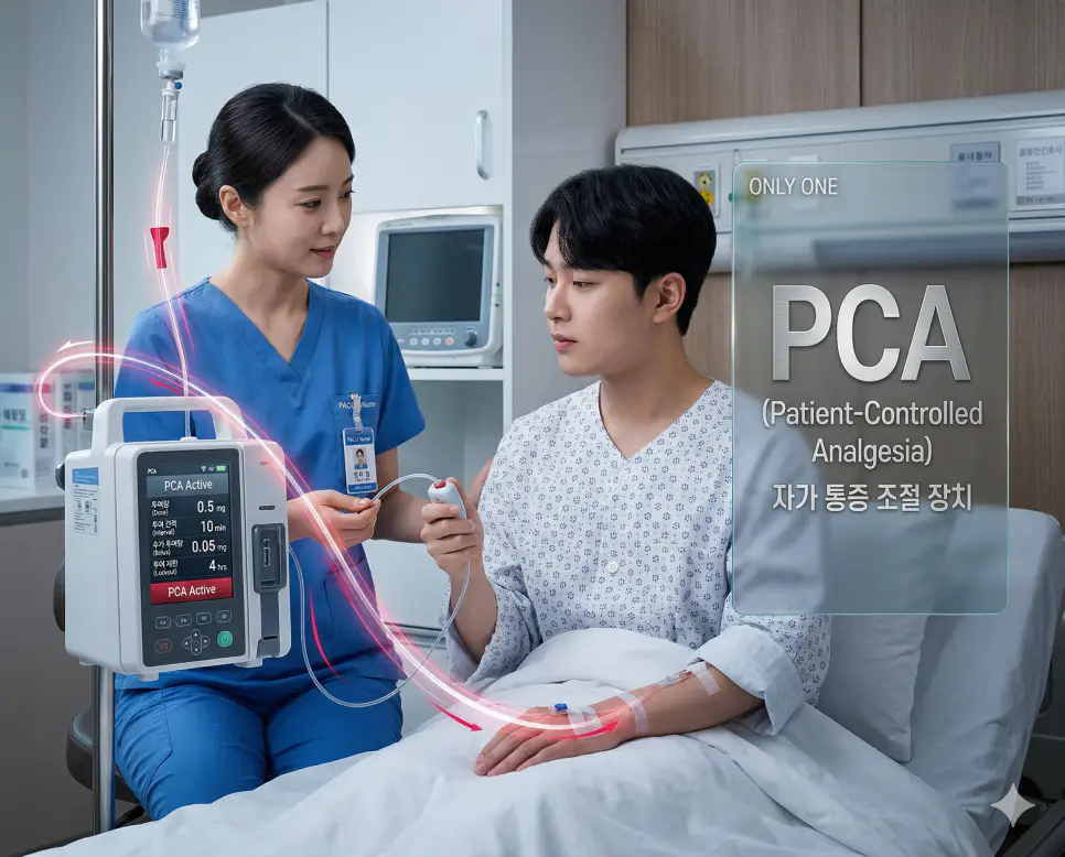 의학용어 PCA(자가 통증 조절 장치)를 통해 수술 후 환자가 통증을 느낄 때 스스로 버튼을 눌러 정해진 양의 진통제를 안전하게 투여하는 과정과 모니터링 데이터를 보여주는 이미지