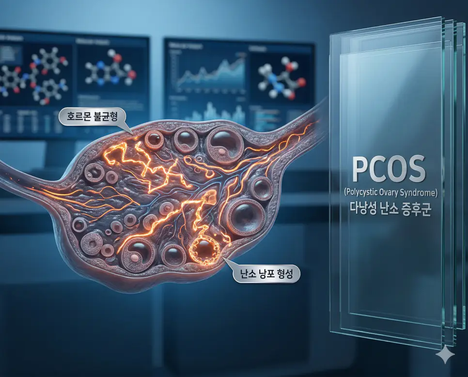 의학용어 PCN, PCOS, PCP 완벽 가이드 2 의학용어 PCOS(다낭성 난소 증후군)로 인해 호르몬 불균형이 발생하고 난소 내부에 다수의 작은 낭포(follicular cysts)가 형성되며 생리 불순과 배란 장애를 유발하는 기전 시각화 이미지