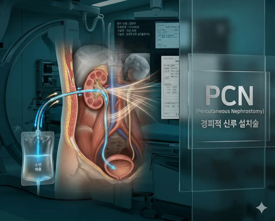 의학용어 PCN, PCOS, PCP 완벽 가이드 1 의학용어 PCN(경피적 신루 설치술) 시술을 위해 피부를 통해 신장으로 가느다란 관(catheter)을 정밀하게 삽입하여 소변을 직접 외부 배출 주머니로 Diversion시키는 과정을 시각화한 병태생리 기전 이미지