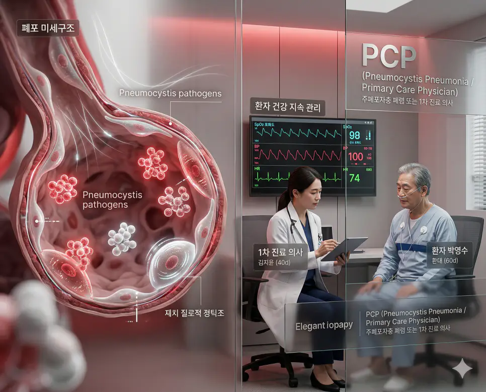 의학용어 PCN, PCOS, PCP 완벽 가이드 3 의학용어 PCP(주폐포자충 폐렴 또는 1차 진료 의사)가 면역 저하자 폐포에 침입하여 기회감염을 유발하는 폐렴 기전(왼쪽)과 1차 진료 의사가 환자의 건강 상태를 지속적으로 모니터링하며 상담하는 과정(오른쪽)을 동시에 보여주는 병태생리 이미지