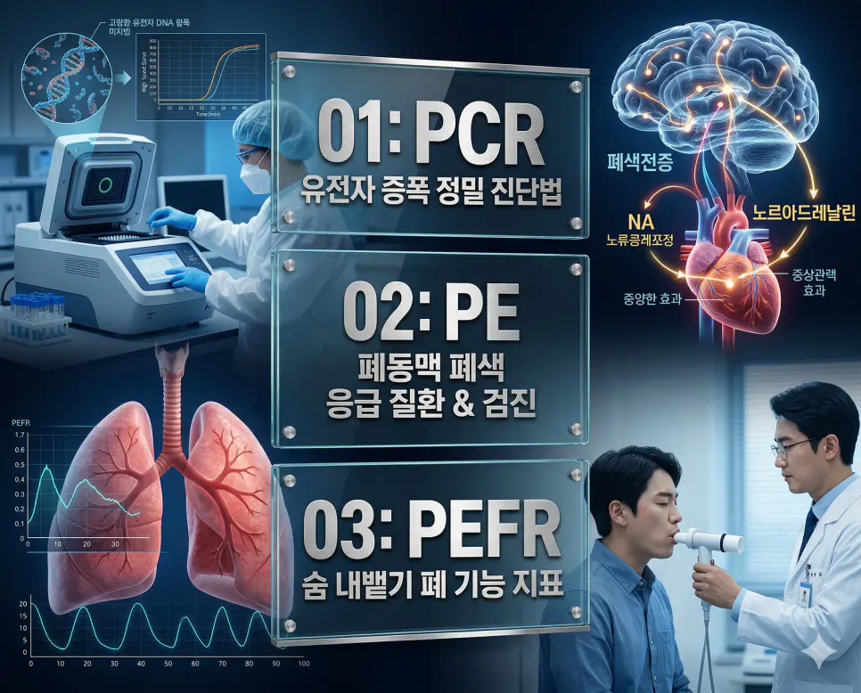 의학용어 PCR, PE, PEFR의 정의와 유전자 증폭 정밀 진단법, 폐동맥 폐색 응급 질환 & 검진, 숨 내뱉기 폐 기능 지표의 핵심 특징을 영화 포스터 스타일로 정리한 프리미엄 인포그래픽