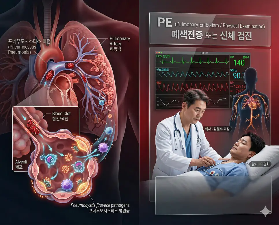 의학용어 PE(폐색전증 또는 신체 검진)가 혈전이 폐동맥을 막아 호흡 곤란을 유발하는 폐색전증 기전(왼쪽)과 의료진이 환자의 활력 징후 데이터를 확인하며 직접 진찰하는 과정(오른쪽)을 동시에 보여주는 병태생리 이미지
