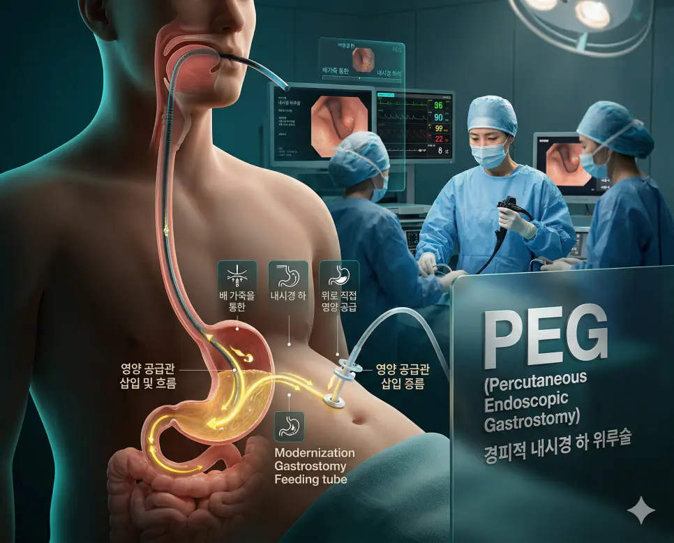 의학용어 PEG, PERRLA, PET 완벽 가이드 1 의학용어 PEG(경피적 내시경 하 위루술) 시술을 위해 피부를 통해 신장으로 가느다란 관(catheter)을 정밀하게 삽입하여 소변을 직접 외부 배출 주머니로 Diversion시키는 과정을 시각화한 병태생리 기전 이미지
