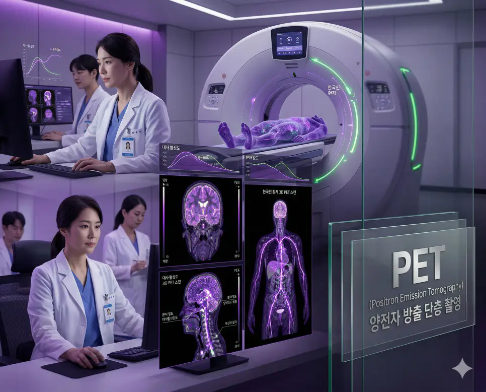 의학용어 PEG, PERRLA, PET 완벽 가이드 3 의학용어 PET(양전자 방출 단층 촬영) 검사를 위해 방사성 의약품을 주입하여 몸속 세포의 대사 활동을 영상화함으로써 암의 전이 여부나 뇌 질환을 정밀하게 진단하는 이미지