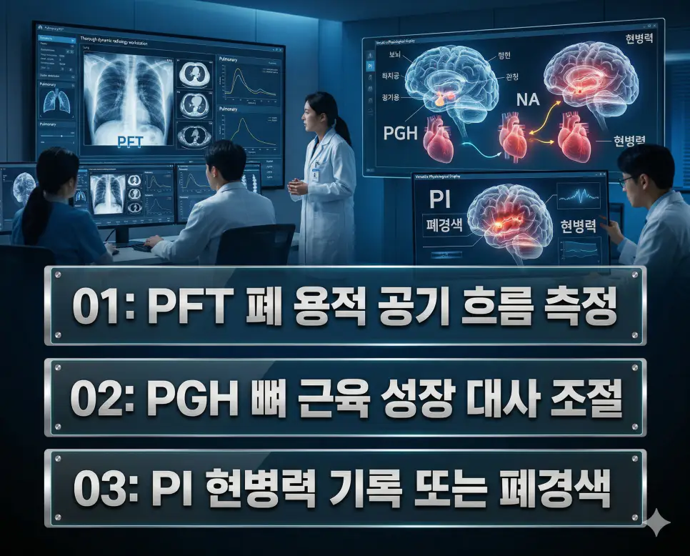 의학용어 PFT, PGH, PI의 정의와 폐 용적 공기 흐름 측정, 뼈 근육 성장 대사 조절, 현병력 기록 또는 폐경색의 핵심 특징을 영화 포스터 스타일로 정리한 프리미엄 인포그래픽