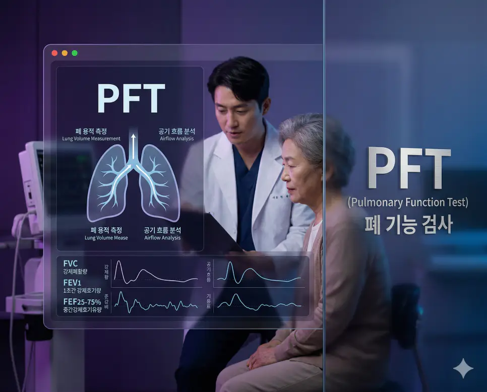 의학용어 PFT(폐 기능 검사) 기전을 통해 한국인 환자가 스파이로미터 장치를 이용하여 숨을 들이마시고 내뱉으며 폐의 용적과 공기 흐름 속도를 정밀 측정하는 병태생리 기전 시각화 이미지