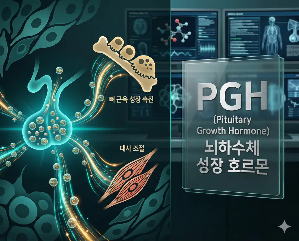 의학용어 PGH(뇌하수체 성장 호르몬) 분자가 뇌하수체 전엽에서 분비되어 뼈와 근육의 성장을 촉진하고 체내 대사를 조절하는 병태생리 기전 시각화 이미지