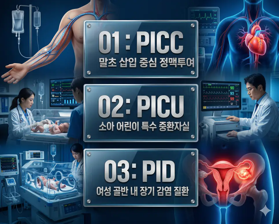 의학용어 PICC, PICU, PID 완벽 가이드 4 의학용어 PICC, PICU, PID의 정의와 말초 삽입 중심 정맥 투여, 소아 어린이 특수 중환자실, 여성 골반 내 장기 감염 질환의 핵심 특징을 영화 포스터 스타일로 정리한 프리미엄 인포그래픽
