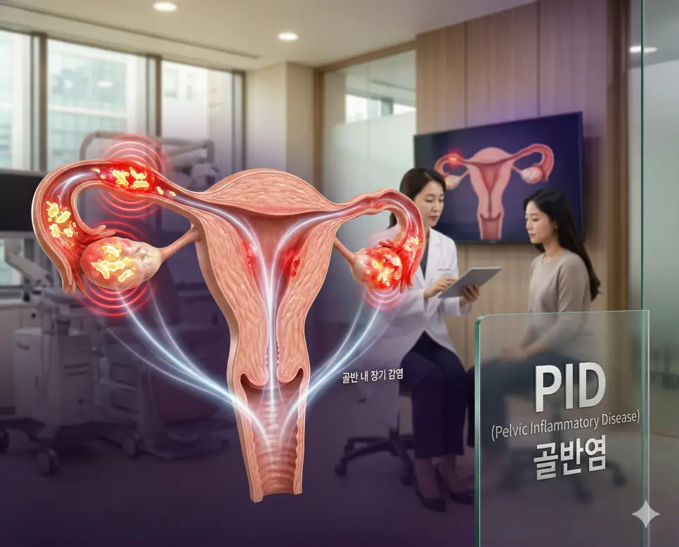 의학용어 PICC, PICU, PID 완벽 가이드 3 의학용어 PID(골반염)로 인해 여성의 자궁, 난관, 난소 등 골반 내 장기에 세균 감염으로 인한 염증과 통증이 발생하고 확산되는 병태생리 기전 시각화 이미지