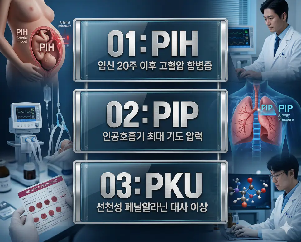 의학용어 PIH, PIP, PKU 완벽 가이드 4 의학용어 PIH, PIP, PKU의 정의와 임신 20주 이후 고혈압 합병증, 인공호흡기 최대 기도 압력, 선천성 페닐알라닌 대사 이상의 핵심 특징을 영화 포스터 스타일로 정리한 프리미엄 인포그래픽