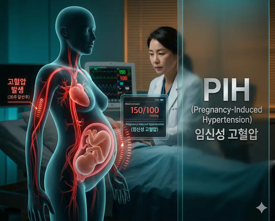 의학용어 PIH, PIP, PKU 완벽 가이드 1 의학용어 PIH(임신성 고혈압)로 인해 임신 20주 이후 산모의 혈관계에 압력이 상승하고 태아와 산모의 건강에 영향을 미치는 합병증 상태를 시각화한 병태생리 기전 이미지