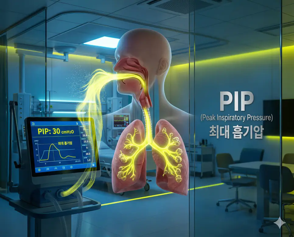 의학용어 PIH, PIP, PKU 완벽 가이드 2 의학용어 PIP(최대 흡기압) 수치를 확인하기 위해 인공호흡기가 공기를 들이마시는 단계에서 기도에 가해지는 가장 높은 압력을 디지털 모니터와 압력-시간 곡선을 통해 모니터링하는 이미지