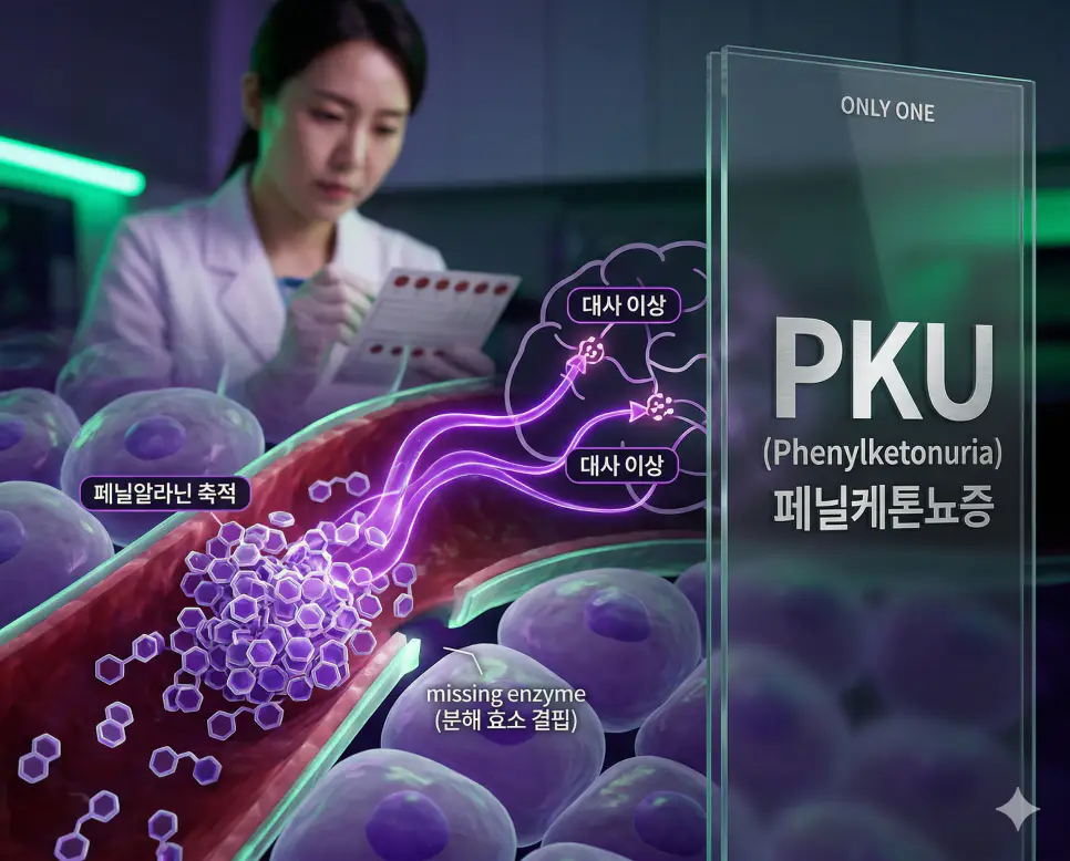 의학용어 PIH, PIP, PKU 완벽 가이드 3 의학용어 PKU(페닐케톤뇨증)로 인해 필수 아미노산인 페닐알라닌을 분해하는 효소가 결핍되어 혈중에 페닐알라닌이 비정상적으로 축적되고 신경계 발달에 영향을 미치는 대사 이상 기전 이미지