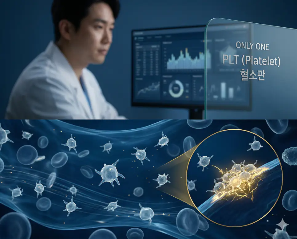 의학용어 PLT(혈소판)가 혈관의 상처 부위에 활성화되어 응집되고 보호막을 형성하여 혈액을 응고시키고 지혈 작용을 담당하는 병태생리 기전 시각화 이미지
