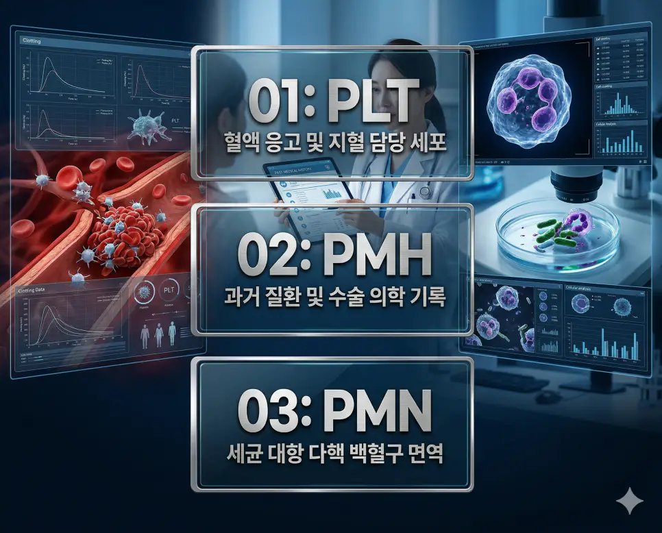 의학용어 PLT, PMH, PMN의 정의와 혈액 응고 및 지혈 담당 세포, 과거 질환 및 수술 의학 기록, 세균 대항 다핵 백혈구 면역의 핵심 특징을 영화 포스터 스타일로 정리한 프리미엄 인포그래픽