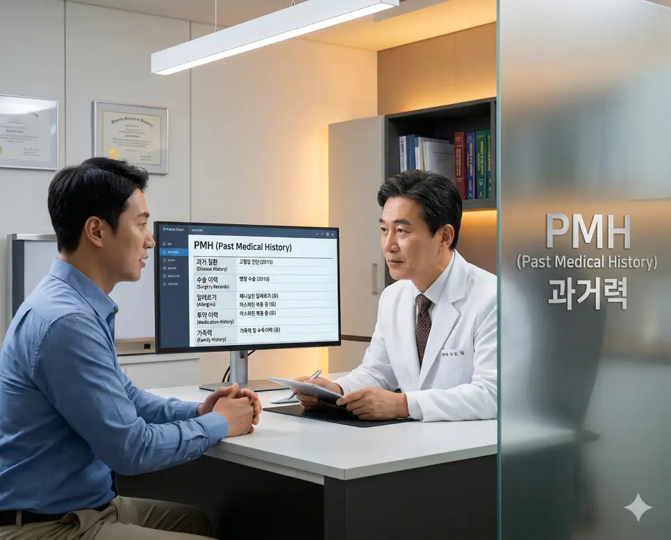 의학용어 PMH(과거력) 파악을 위해 한국인 의사가 환자의 과거 질환, 수술 이력, 알레르기 등 개인의 의학적 기록을 담은 디지털 차트를 검토하고 상담하는 과정 이미지