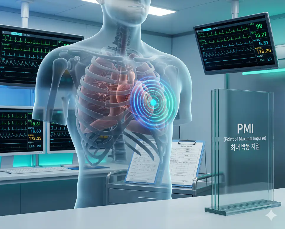 의학용어 NMT, PALS, PMI 뜻 완벽 정리 3 의학용어 PMI(최대 박동 지점) 기전을 통해 심장이 수축할 때 흉벽에서 가장 강하게 박동이 느껴지는 부위를 한국인 환자의 데이터와 함께 시각화한 이미지