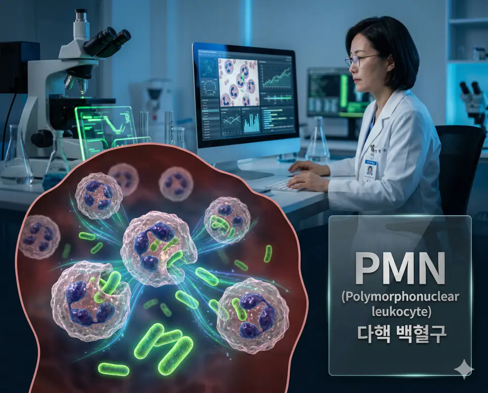 의학용어 PMN(다핵 백혈구)으로 불리는 호중구 등의 면역 세포가 여러 개로 나뉜 핵 모양을 특징으로 하며 침입한 세균을 식별하고 사멸시키는 면역 반응 기전 이미지