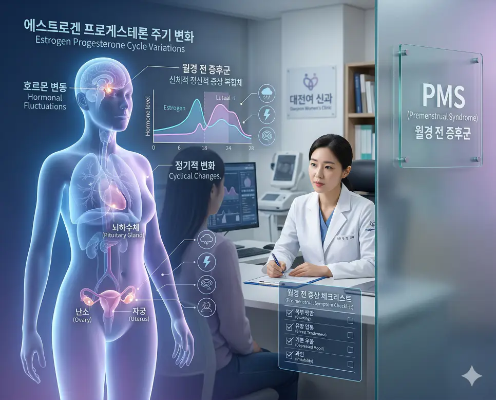 의학용어 PMS, PUD, pre-op 뜻 완벽 정리 1 의학용어 PMS(월경 전 증후군) 기전을 통해 월경 시작 전 정기적으로 나타나는 신체적, 정신적, 행동적 증상들의 복합적 변화 과정을 한국인 산부인과 전문의의 상담 이미지와 함께 시각화한 이미지